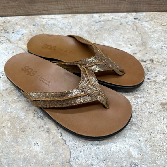 SAS Sandals Womens Size 9 Tan Leather Freedom Flip Flops Thongs Comfort - Picture 1 of 8